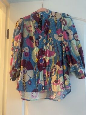Smythe Floral Pintuck Button-Front Blouse in Blue, Cream, Yellow, Pink, Purple